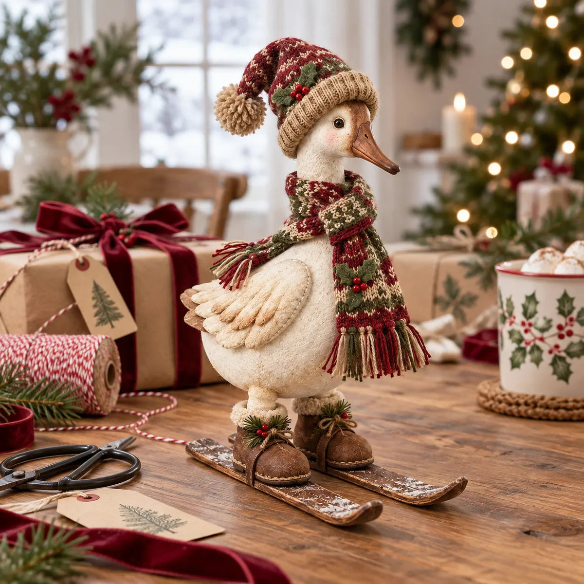 Christmas goose beside seasonal presents