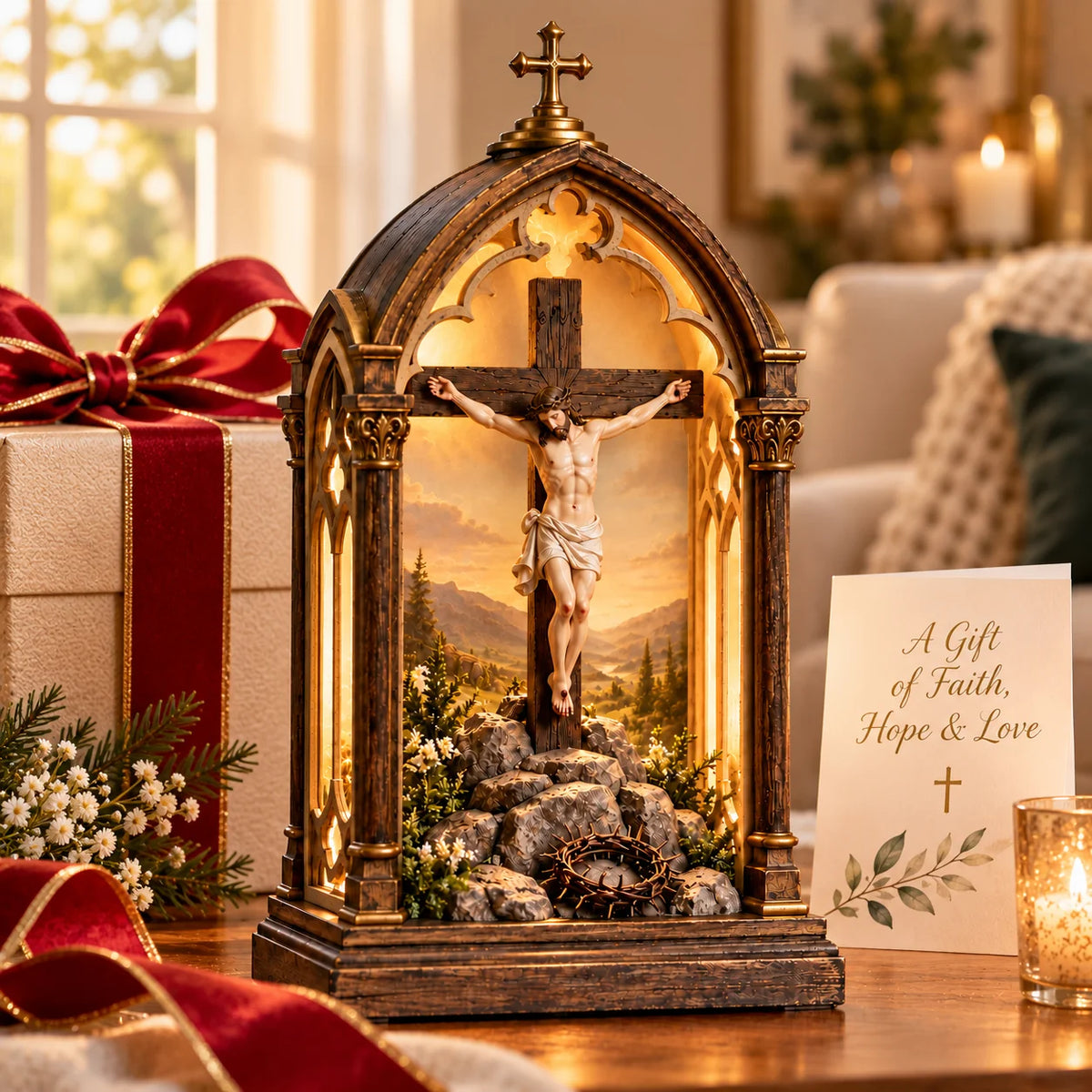 ⏰Limited Stock 50% OFF - ✝️ Illuminated Calvary Devotional Shrine | Warm Christian Prayer Décor