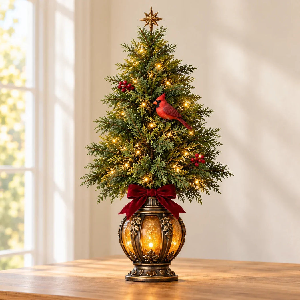 Warmly illuminated cardinal Christmas tree and glowing lantern base