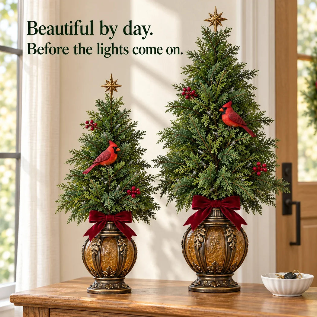 Ornate bronze-look glowing lantern base with burgundy bow