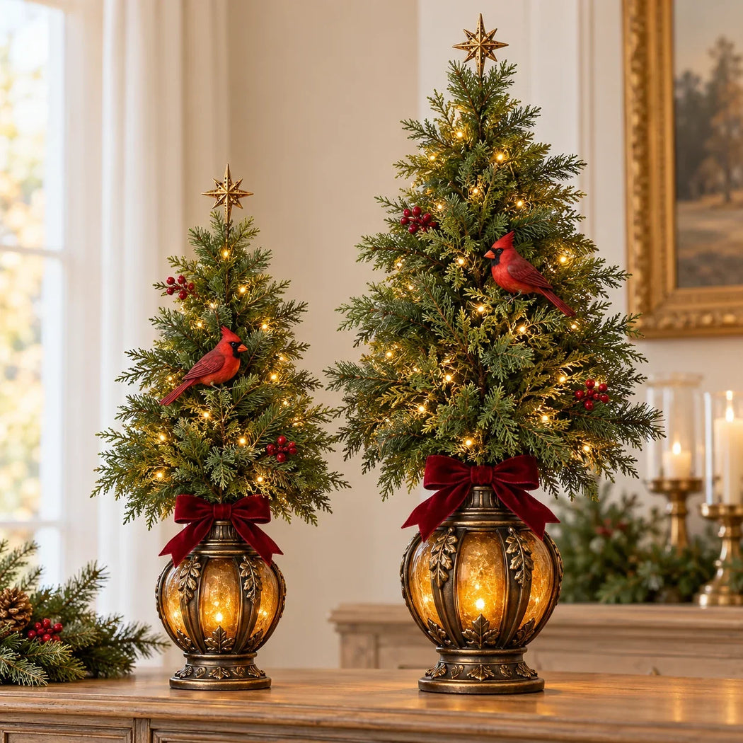 Cardinal Christmas lantern tree gift display