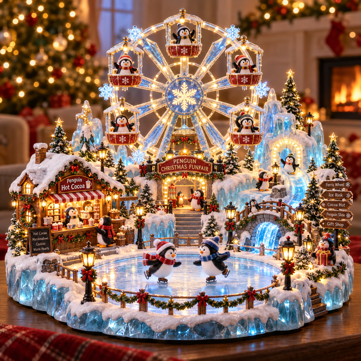 Illuminated Penguin Christmas Funfair with Ferris wheel and glowing ice rink