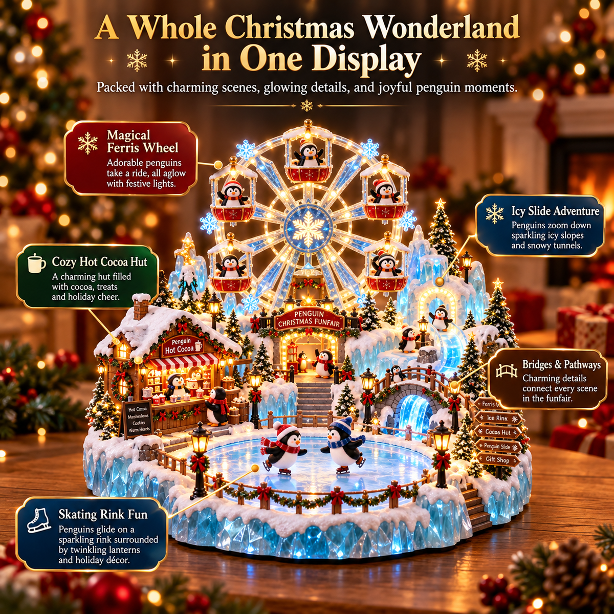 Whole penguin Christmas funfair with cocoa shop, slide, bridge, rink and Ferris wheel