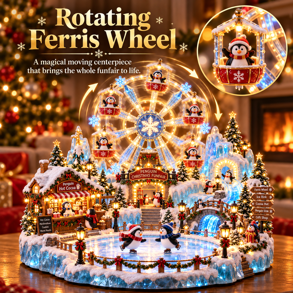 Rotating Ferris wheel feature with illuminated penguin gondolas