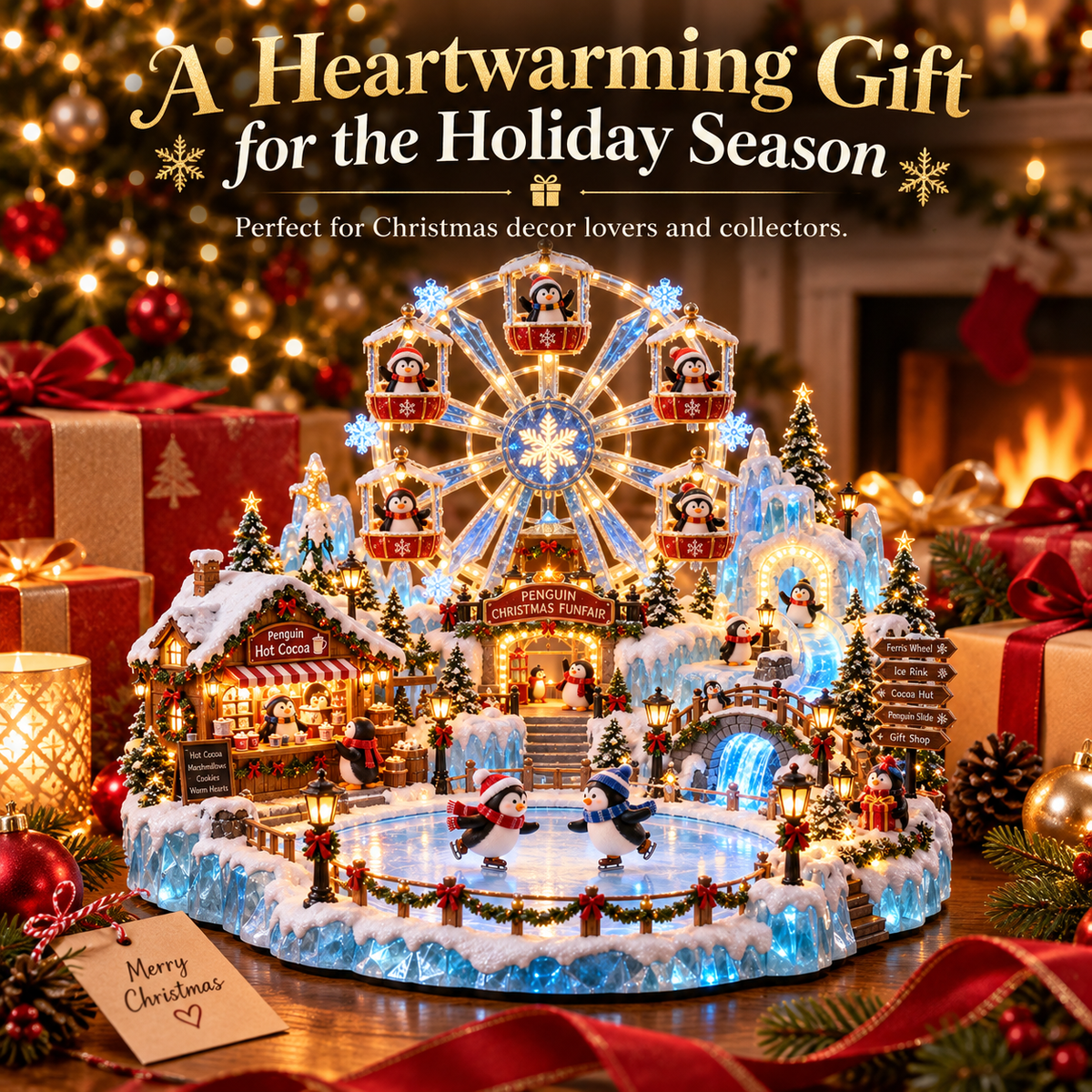 Christmas penguin village displayed for holiday gift giving