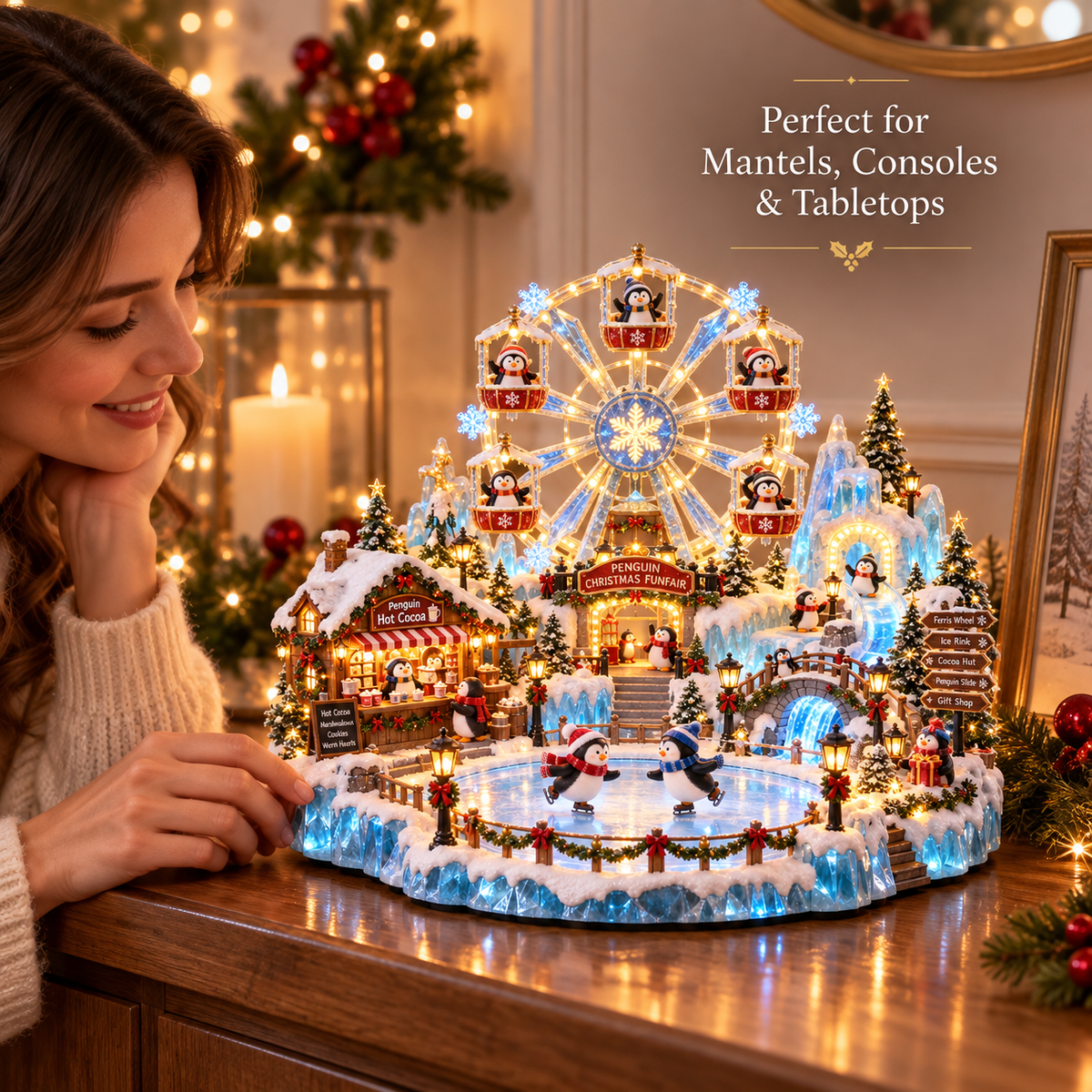 Penguin Christmas funfair on a home console with a person showing its display scale