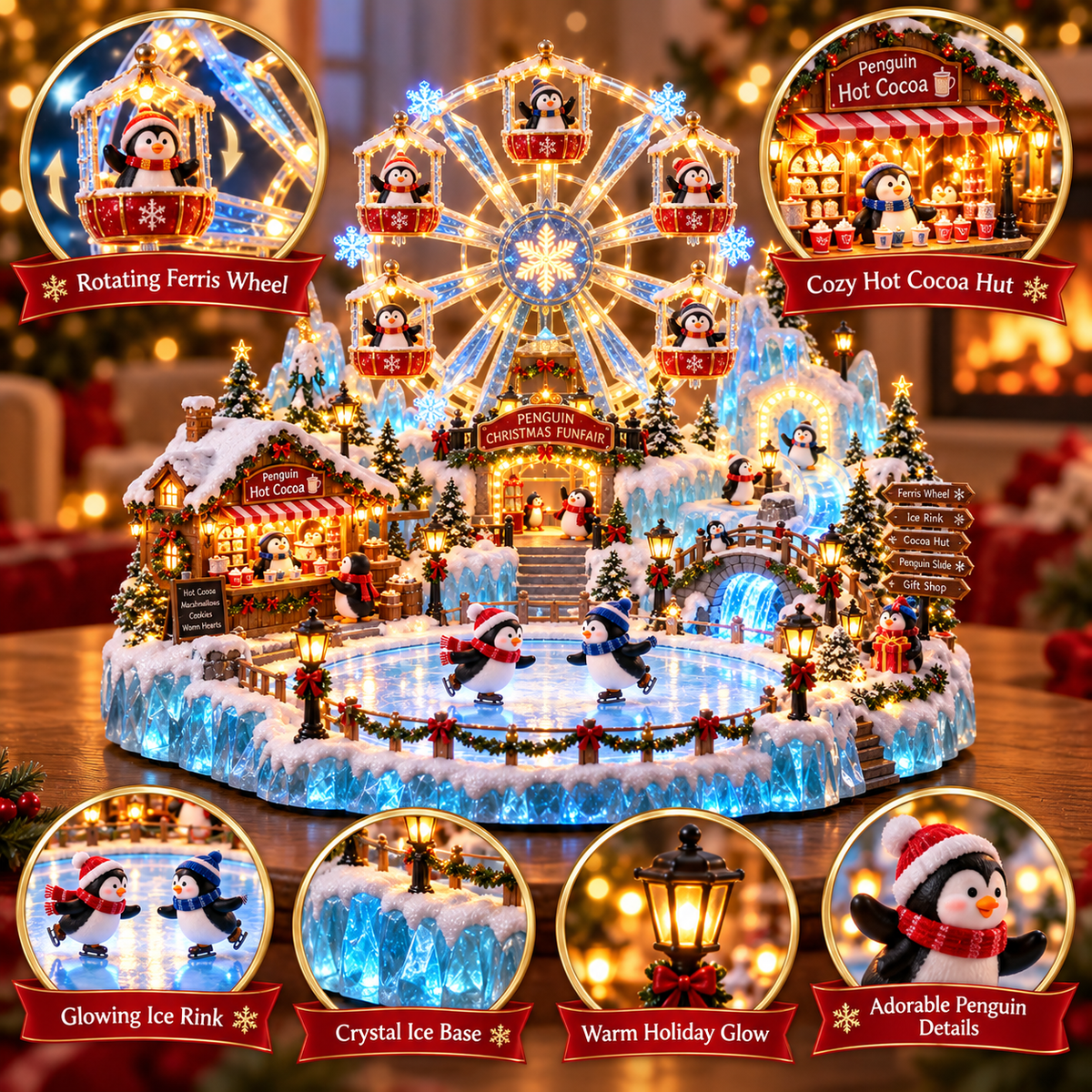 Magnified feature details of the Christmas penguin funfair