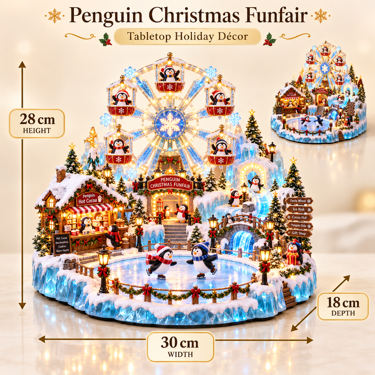 Illustrated Christmas funfair width, height and depth