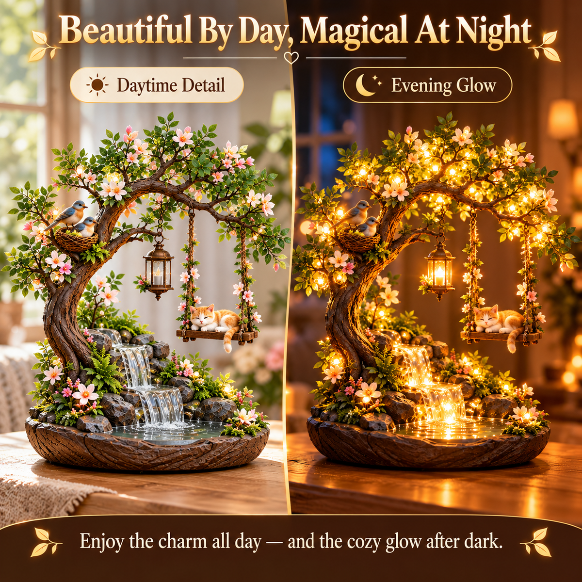 ⏰Limited Stock 50% OFF - 🌸 Enchanted Kitten Swing Tree Light | Magical Garden Waterfall Decor