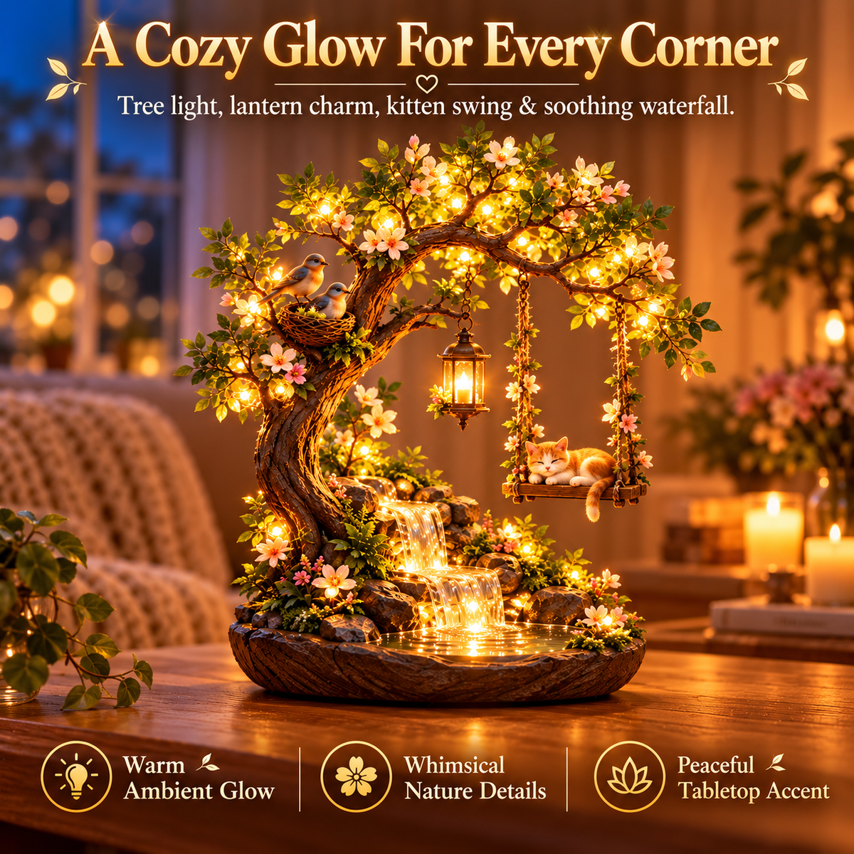 ⏰Limited Stock 50% OFF - 🌸 Enchanted Kitten Swing Tree Light | Magical Garden Waterfall Decor