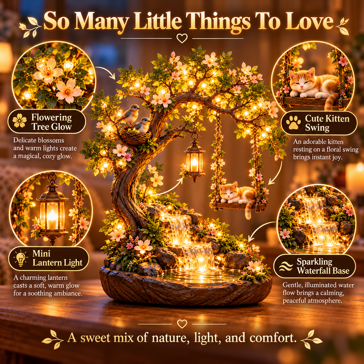 ⏰Limited Stock 50% OFF - 🌸 Enchanted Kitten Swing Tree Light | Magical Garden Waterfall Decor