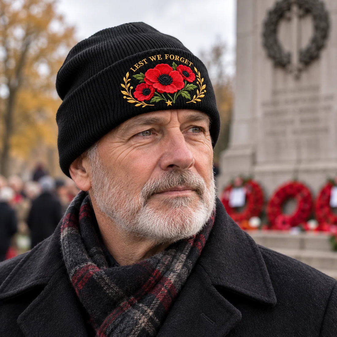 Remembrance poppy embroidered knit beanie