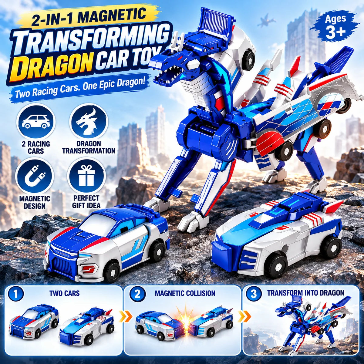 🔥Last Day 50% OFF - 🚗💥 2-in-1 Magnetic Transforming Dragon Car Toy – Racing Car Set