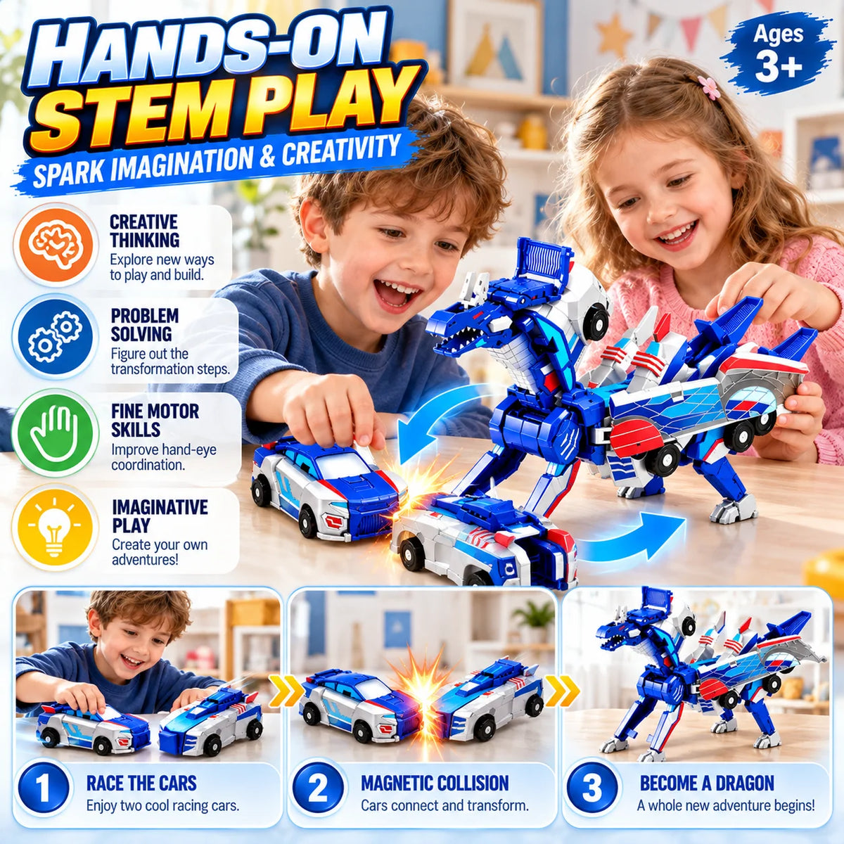 🔥Last Day 50% OFF - 🚗💥 2-in-1 Magnetic Transforming Dragon Car Toy – Racing Car Set