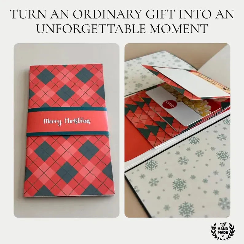 Closed Christmas gift booklet and gift card reveal detail