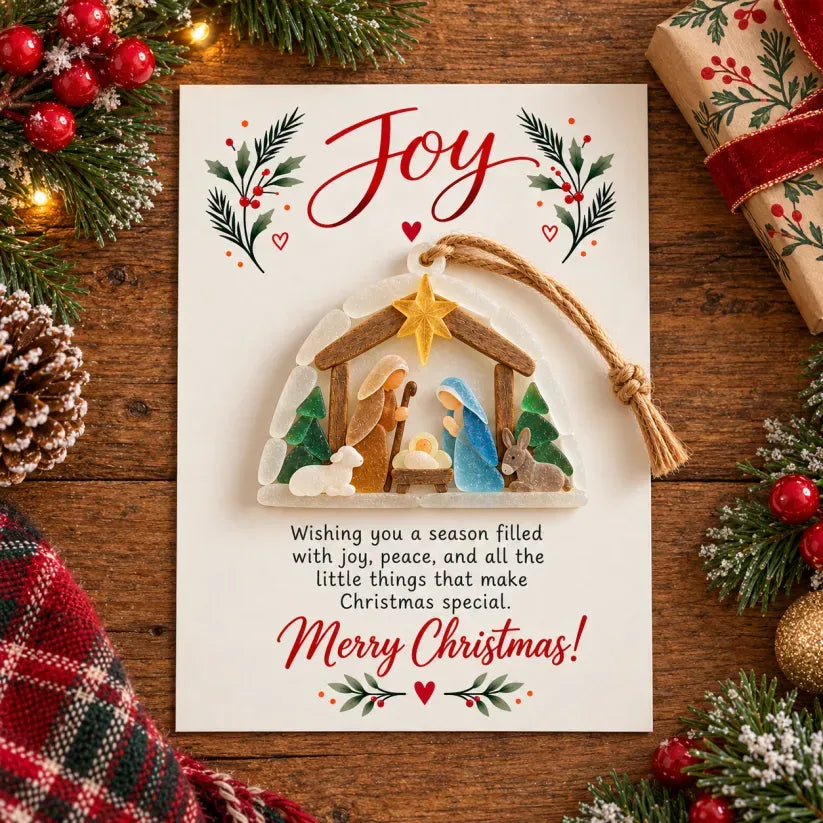🔥Last Day 50% OFF- ✨ joy Nativity Sea Glass Christmas Ornament With Greeting Card