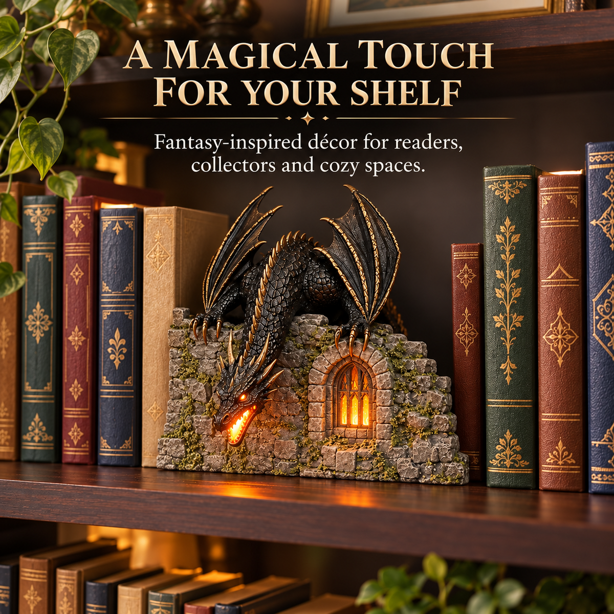 Dragon humidifier with castle backdrop styled among fantasy books