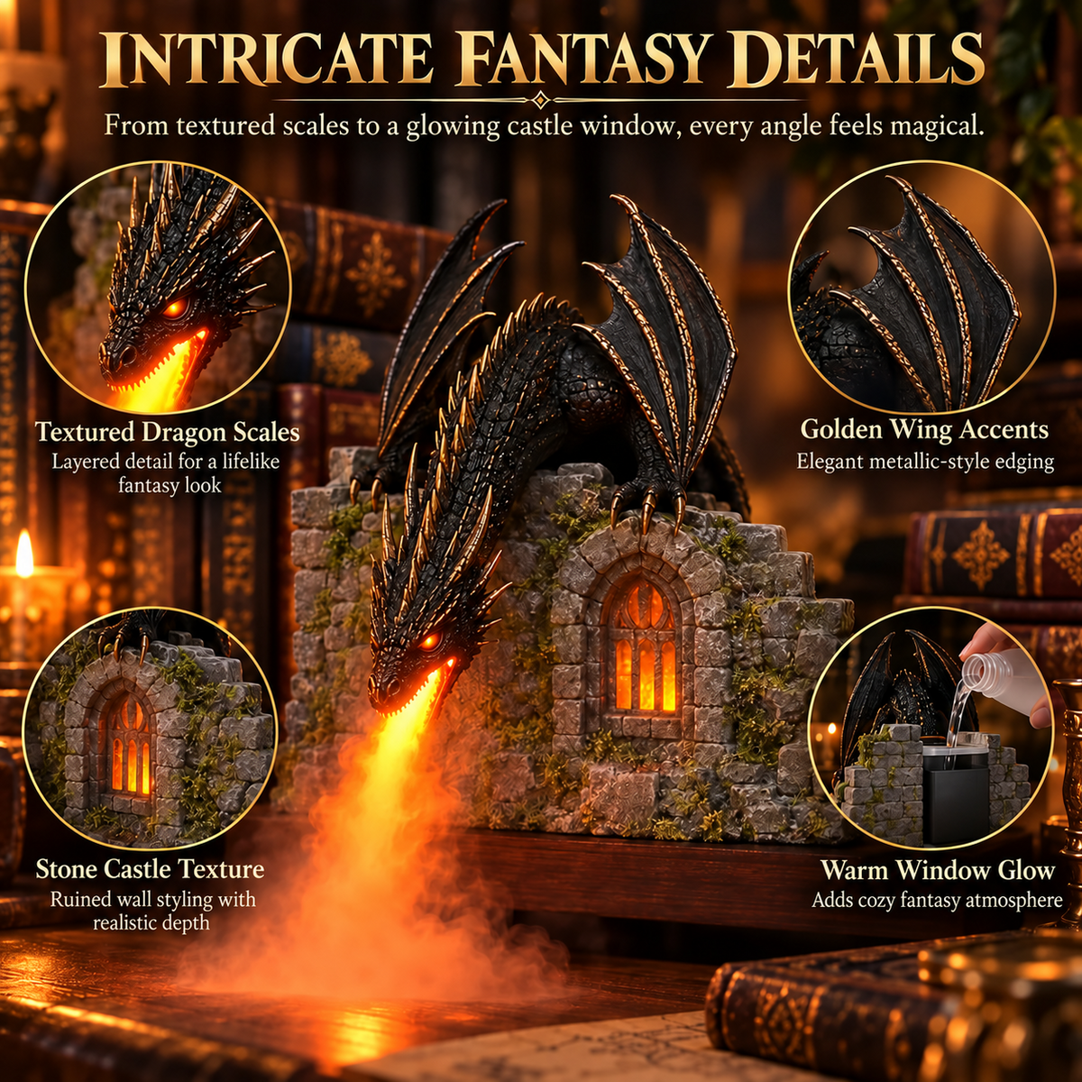 Close-up collage of dragon scales, wings, castle stonework and glowing window