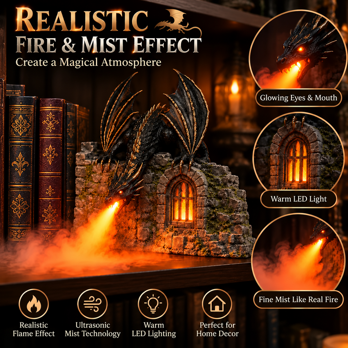 Black and gold dragon humidifier creating an illuminated flame-like mist beside a glowing castle window