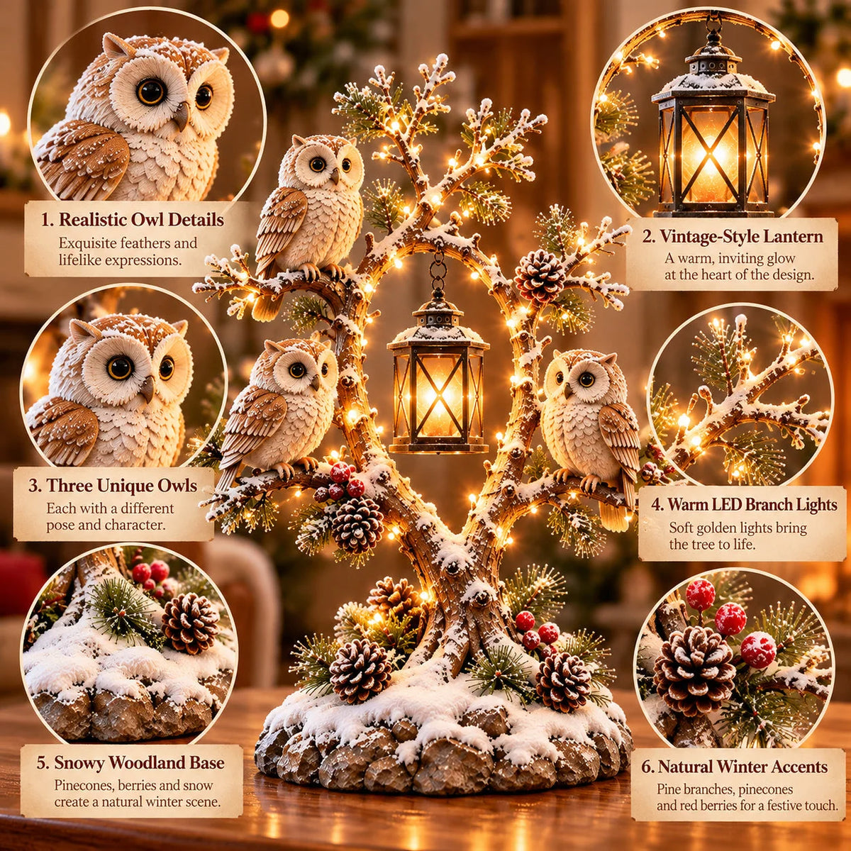 Close-up details of the owls, lantern, illuminated branches and snowy base