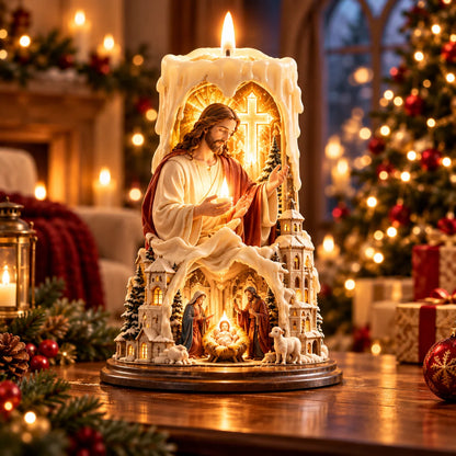 ✝️✨ Jesus Light of Faith™ – 3D Jesus Nativity Scented Candle with Glowing Cross | Christian Christmas Gift of Faith, Hope & Love