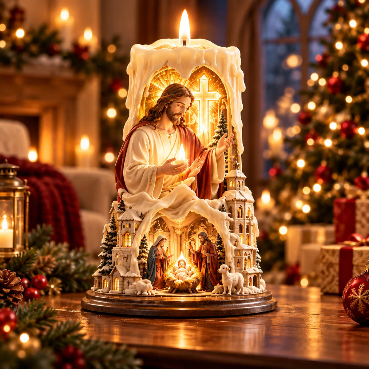 ✝️✨ Jesus Light of Faith™ – 3D Jesus Nativity Scented Candle with Glowing Cross | Christian Christmas Gift of Faith, Hope & Love