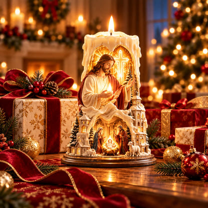 ✝️✨ Jesus Light of Faith™ – 3D Jesus Nativity Scented Candle with Glowing Cross | Christian Christmas Gift of Faith, Hope & Love