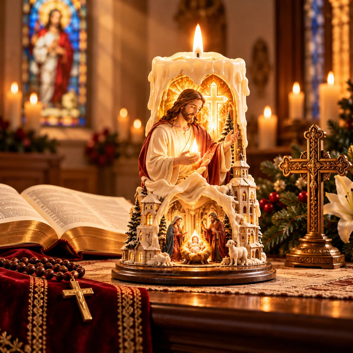✝️✨ Jesus Light of Faith™ – 3D Jesus Nativity Scented Candle with Glowing Cross | Christian Christmas Gift of Faith, Hope & Love