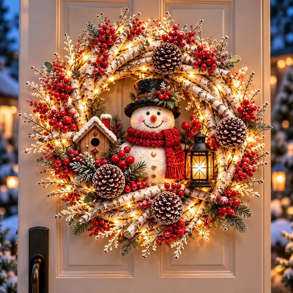 Original separate Snowman wreath variant with red scarf, snowy birch branches, birdhouse and lantern