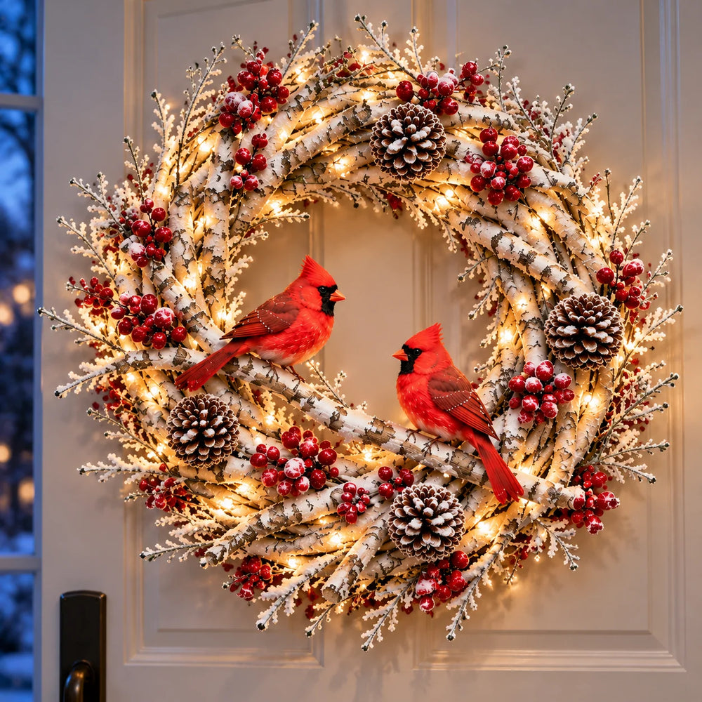 Original product image of illuminated snowy birch Christmas wreath with two red cardinals, winter berries and pinecones on front door