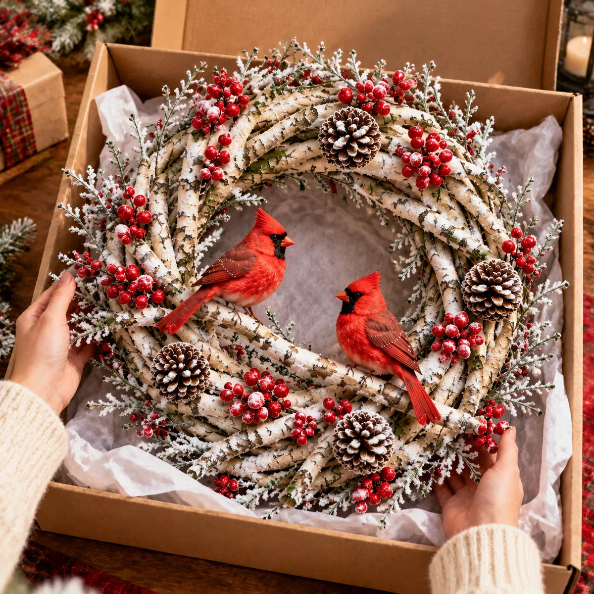 🔥 LAST DAY 49% OFF 🔥 Snowy Birch Cardinal Wreath™ – Lighted Christmas Door Wreath with Paired Red Cardinals, Berries & Pinecones ❤️🎄✨