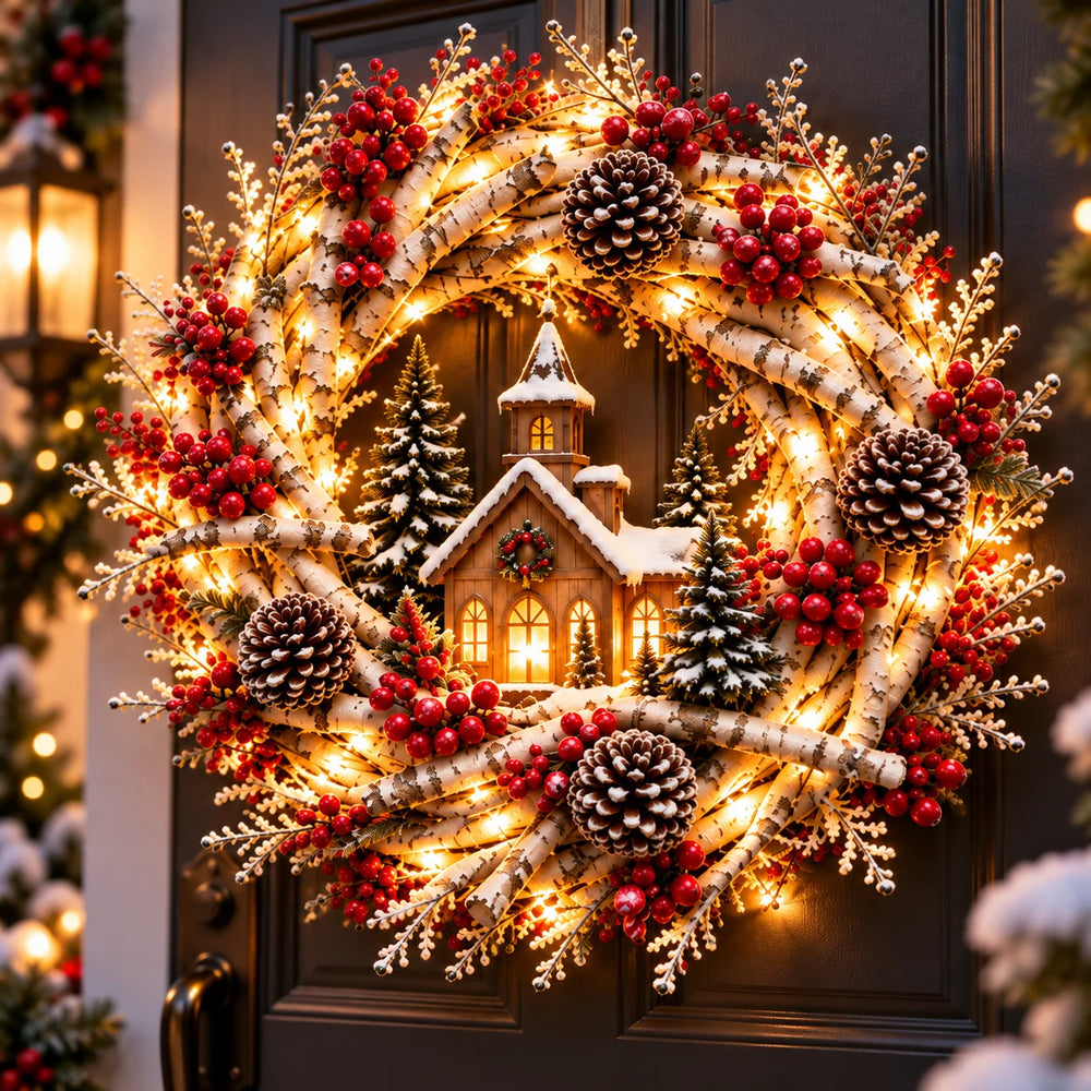 Original separate Townlet Christmas village wreath with snowy chapel and lit windows