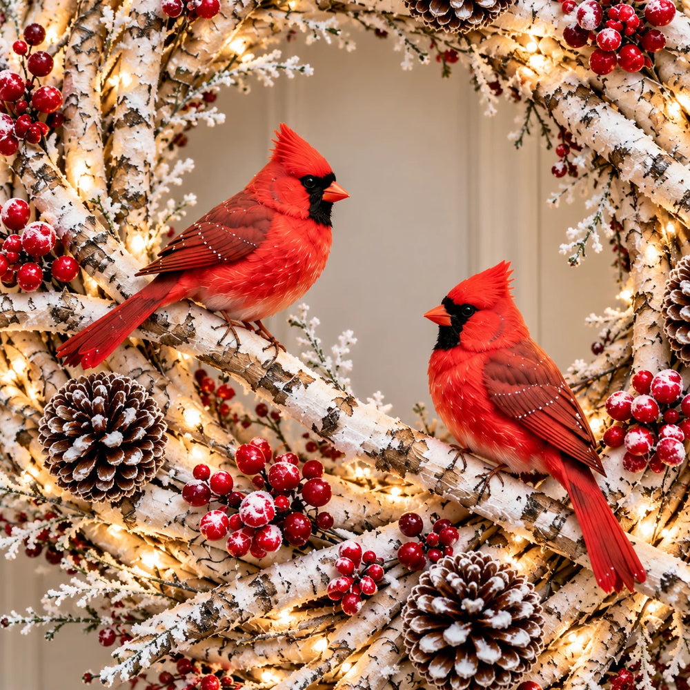 Original close-up image of two red cardinal figures among snowy birch branches, frosted berries and pinecones