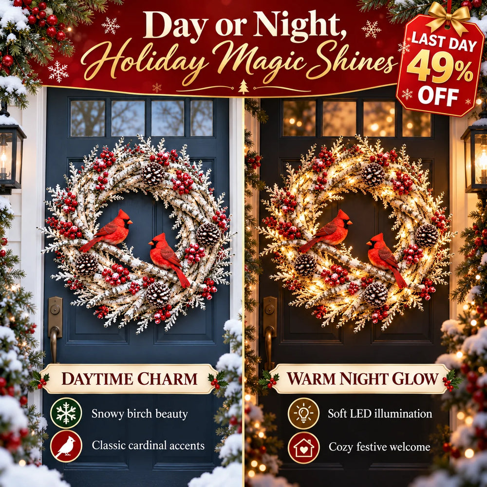 Original Cardinal wreath comparison showing snowy door wreath by day and warm glowing lights at night