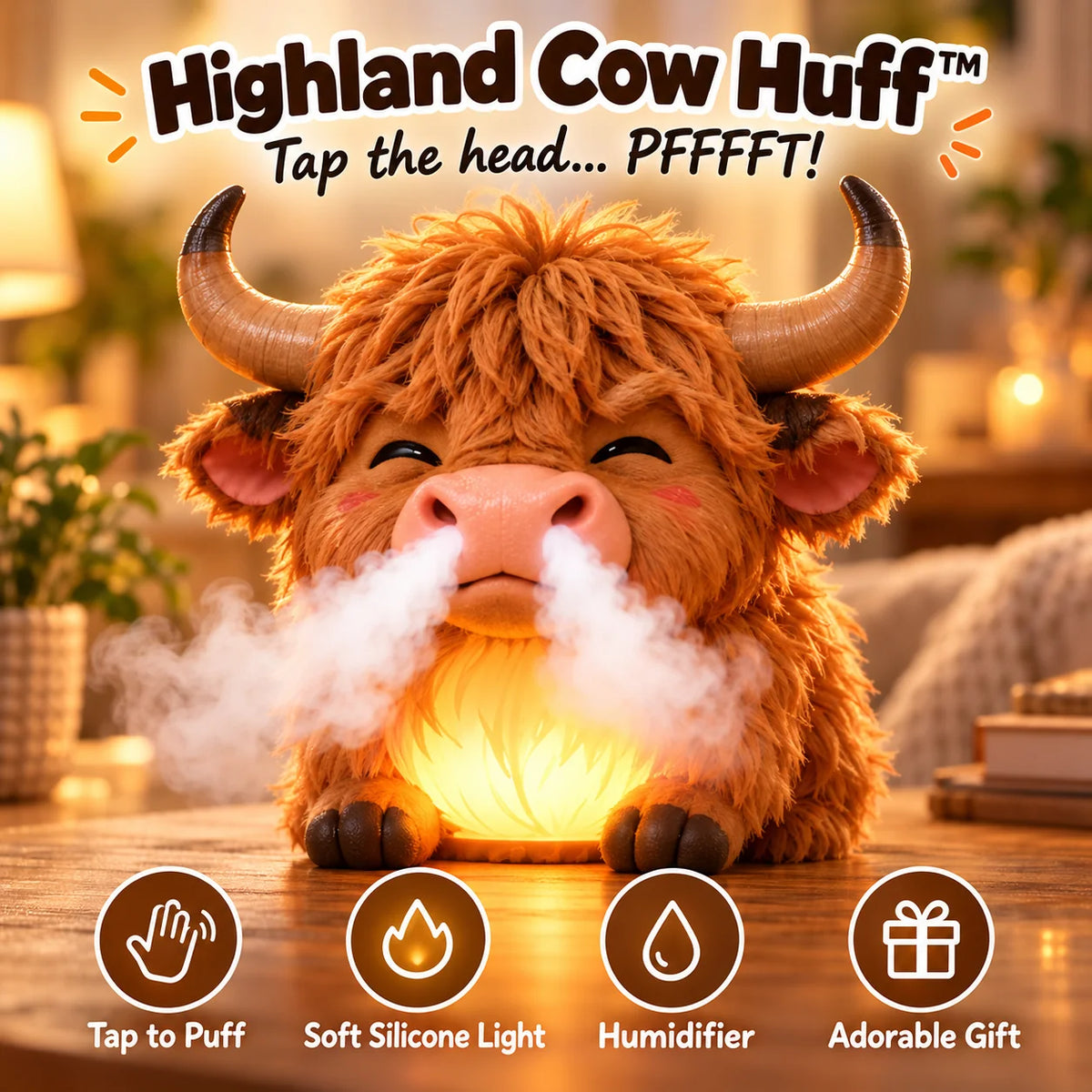 🐮 Highland Cow Tap-to-Puff Humidifier ✨ Cute Night Light & Gift