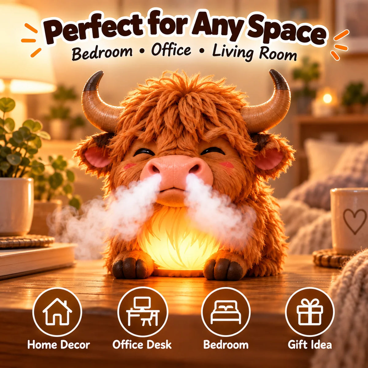 🐮 Highland Cow Tap-to-Puff Humidifier ✨ Cute Night Light & Gift