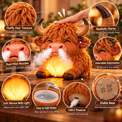 🐮 Highland Cow Tap-to-Puff Humidifier ✨ Cute Night Light & Gift