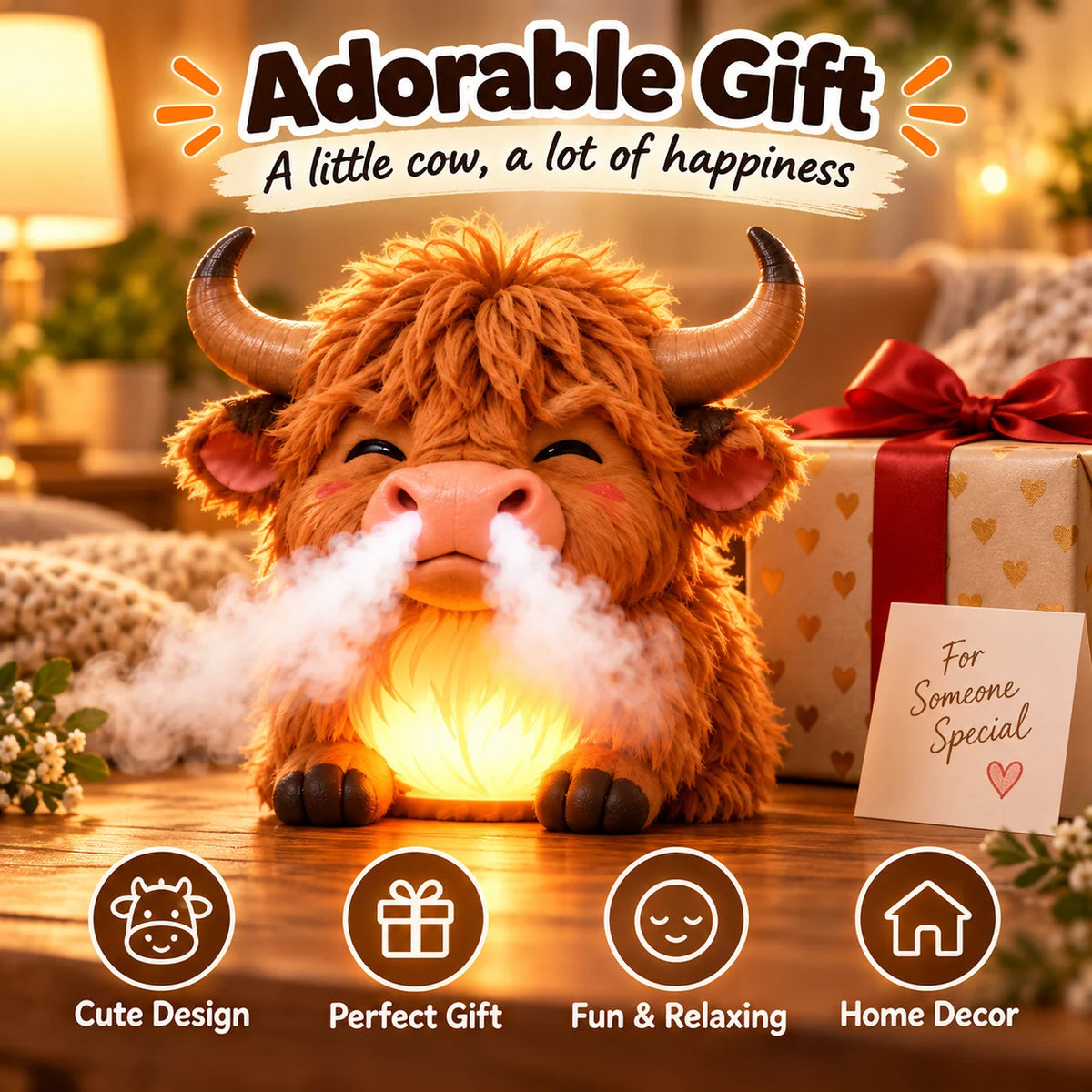 🐮 Highland Cow Tap-to-Puff Humidifier ✨ Cute Night Light & Gift