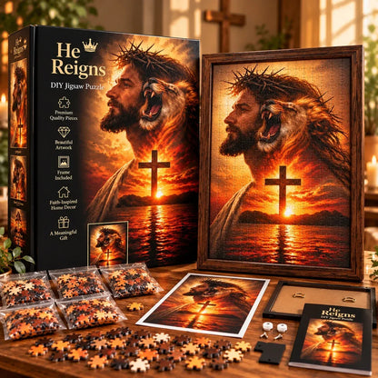 👑✝️ He Reigns — Jesus & Lion of Judah DIY Christian Jigsaw Puzzle