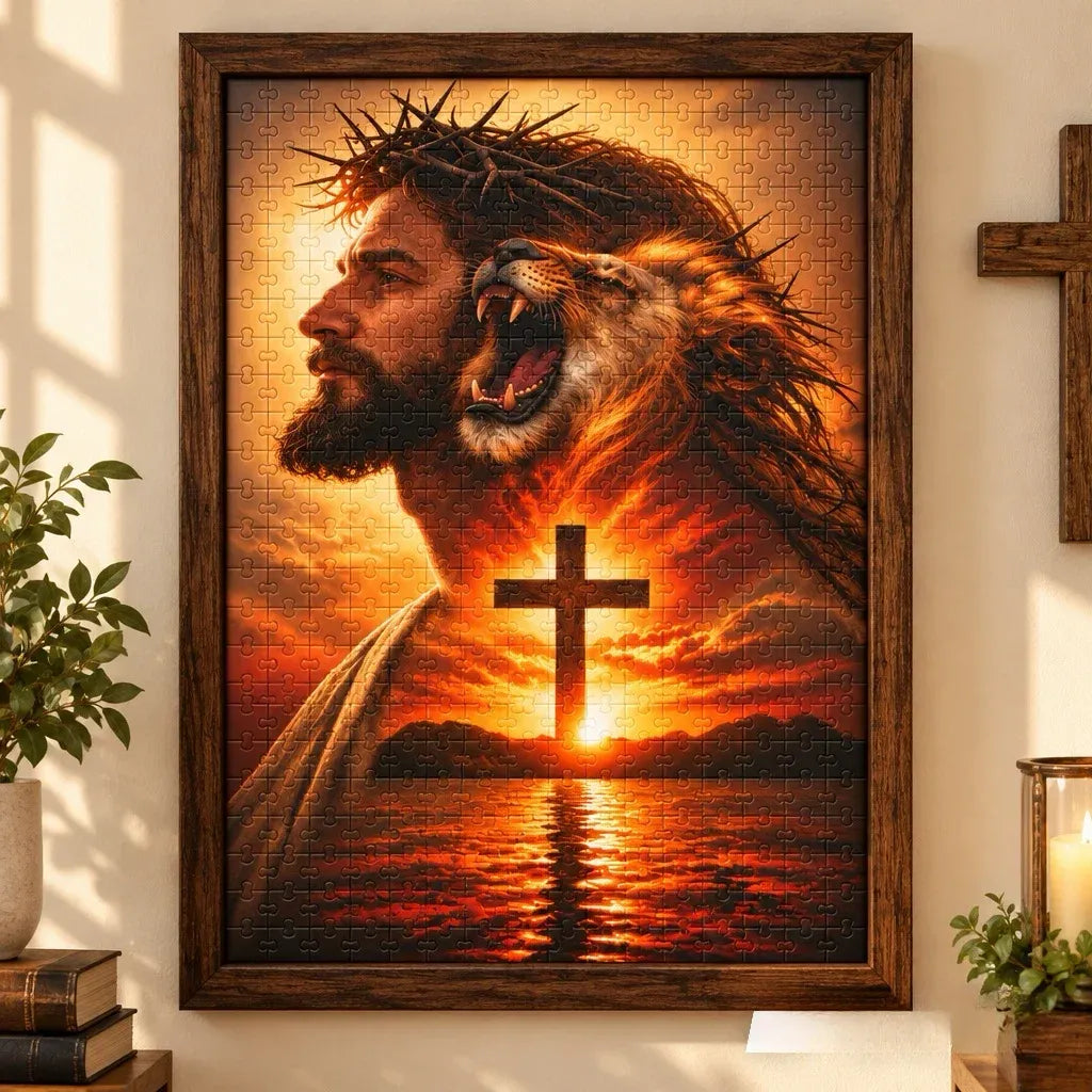 Close-up of the He Reigns jigsaw artwork showing Jesus, the Lion of Judah and a cross at sunset