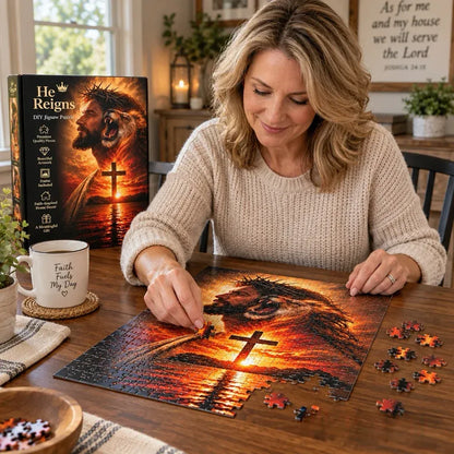 👑✝️ He Reigns — Jesus & Lion of Judah DIY Christian Jigsaw Puzzle