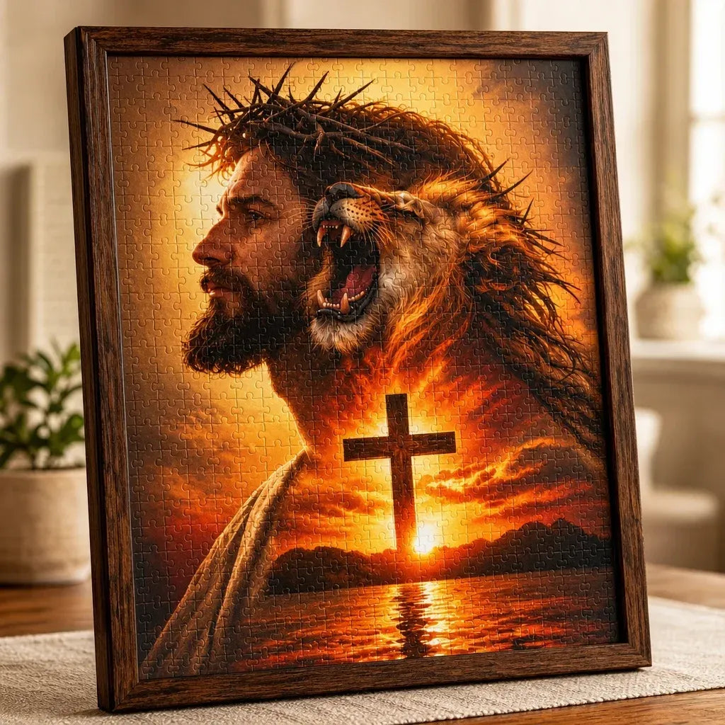 Example of the completed Jesus and Lion of Judah jigsaw puzzle displayed in a separately supplied picture frame
