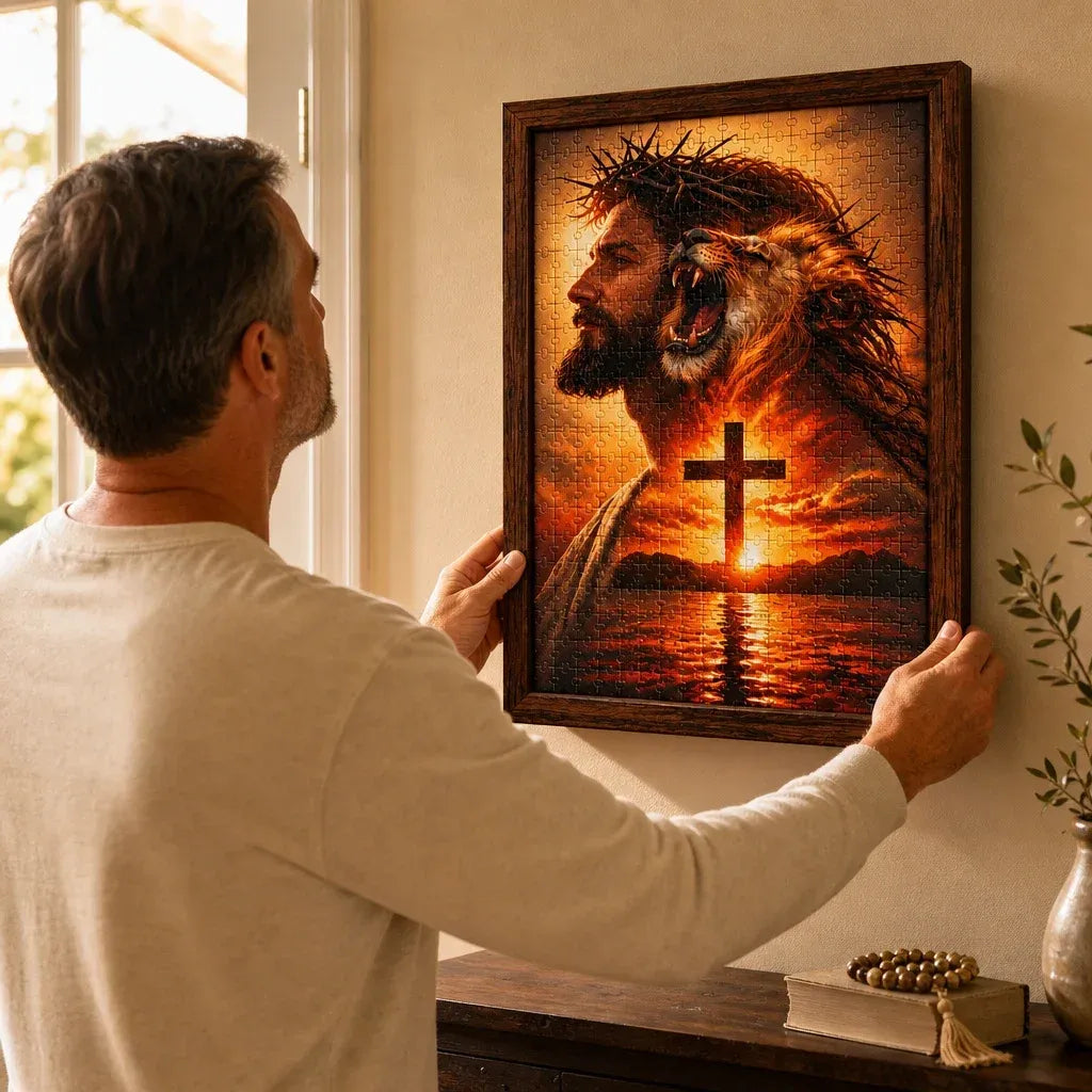 A person displaying the completed He Reigns Christian puzzle in a separately obtained frame