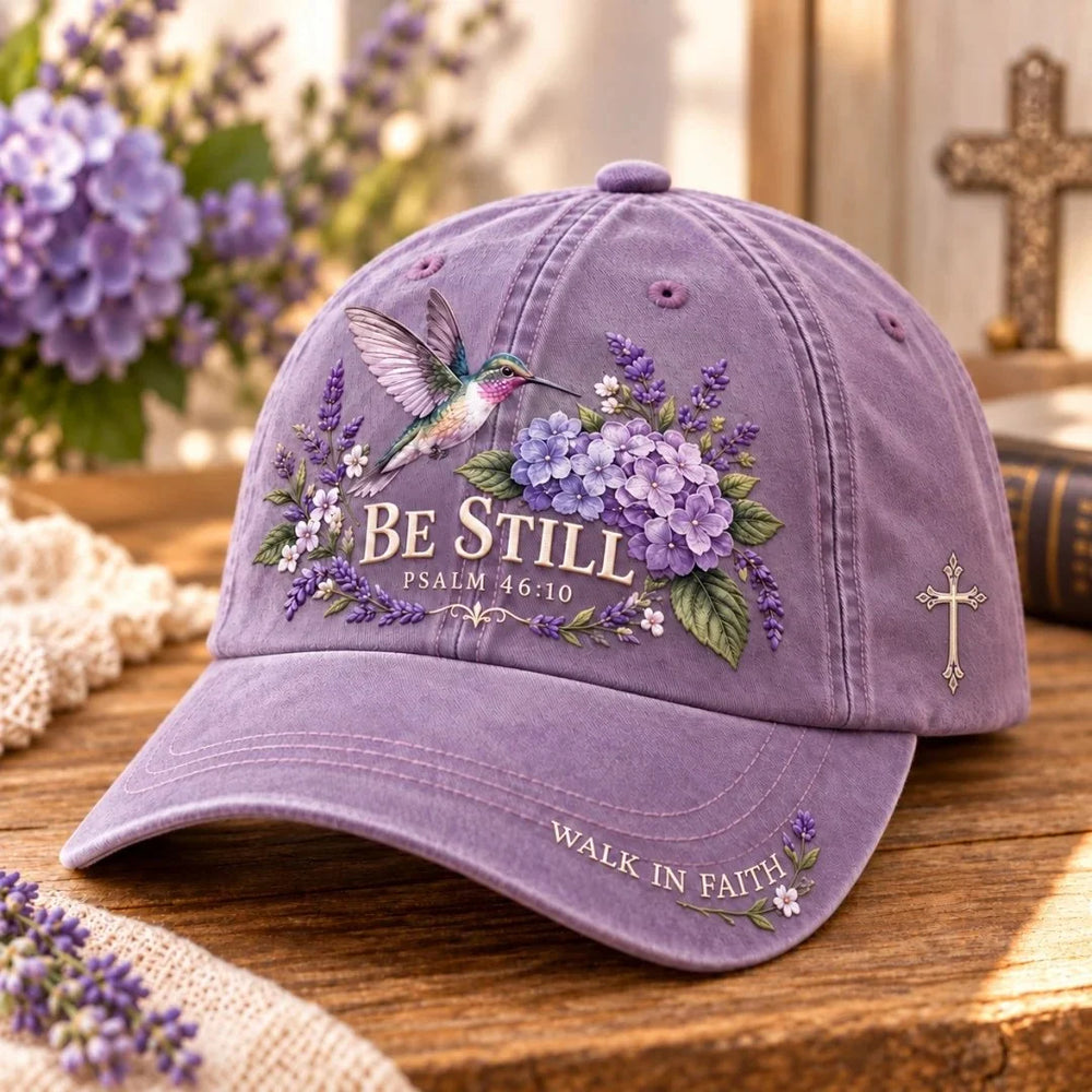 Lavender Be Still Psalm 46:10 Christian baseball cap with hummingbird and floral embroidery