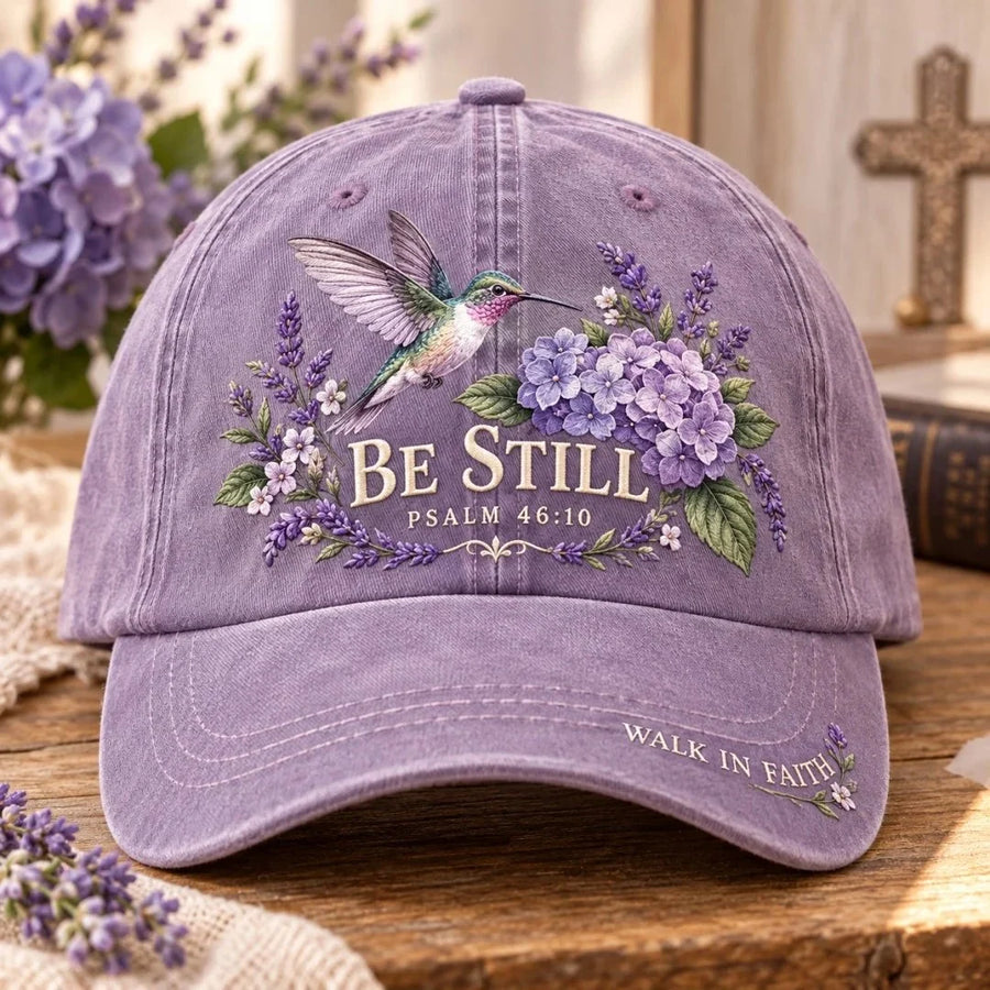 Be Still lavender purple Scripture cap with hummingbird and flowers