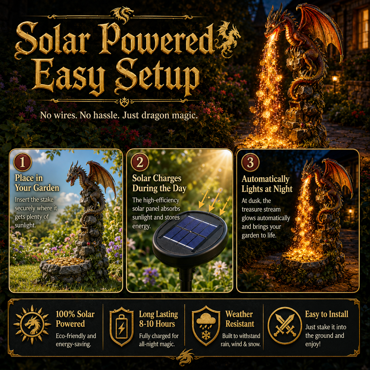 🐉✨ Dragon Treasure Fountain Solar Garden Light 💰🌙