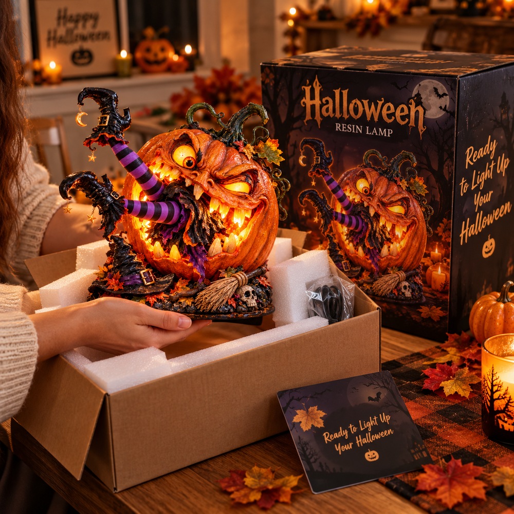 Illustrative Halloween pumpkin witch lamp unboxing scene with protective packaging and seasonal product box