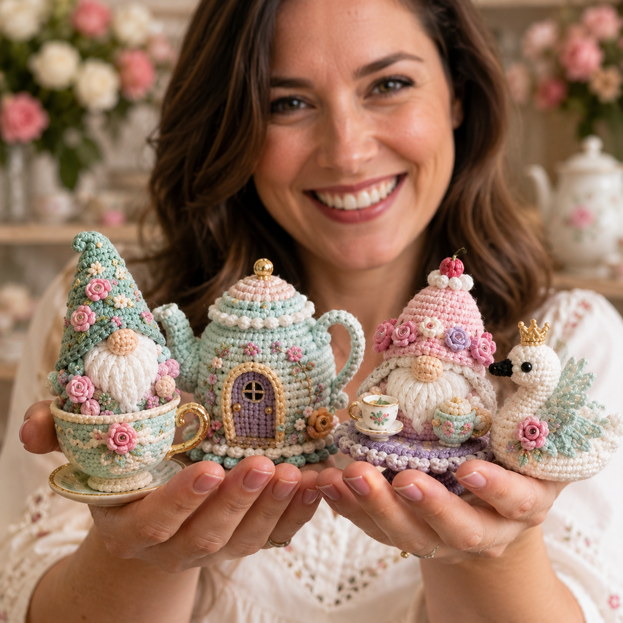 Finished Enchanted Tea Party crochet gnomes