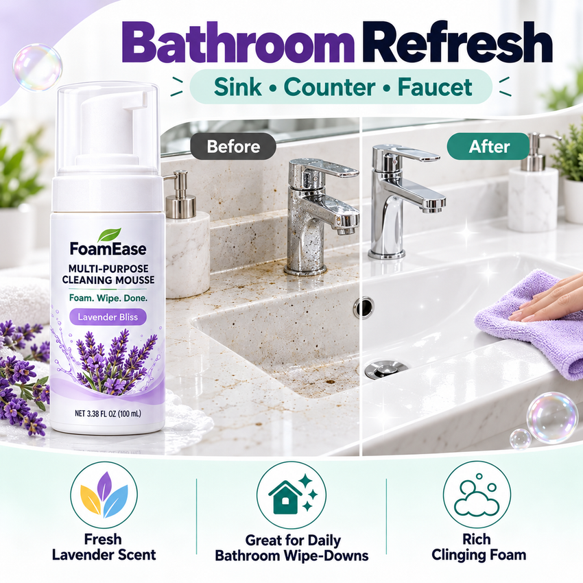 FoamEase Lavender Bliss illustrated bathroom sink and faucet before and after