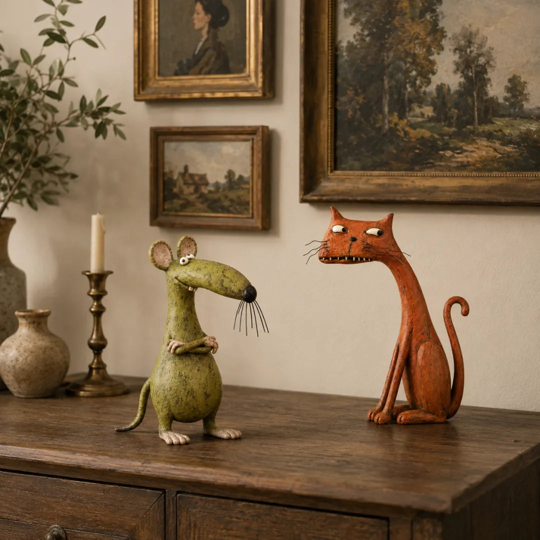 The Odd Couple™ Vintage Cat & Mouse Figurines – Quirky Rustic Home Decor